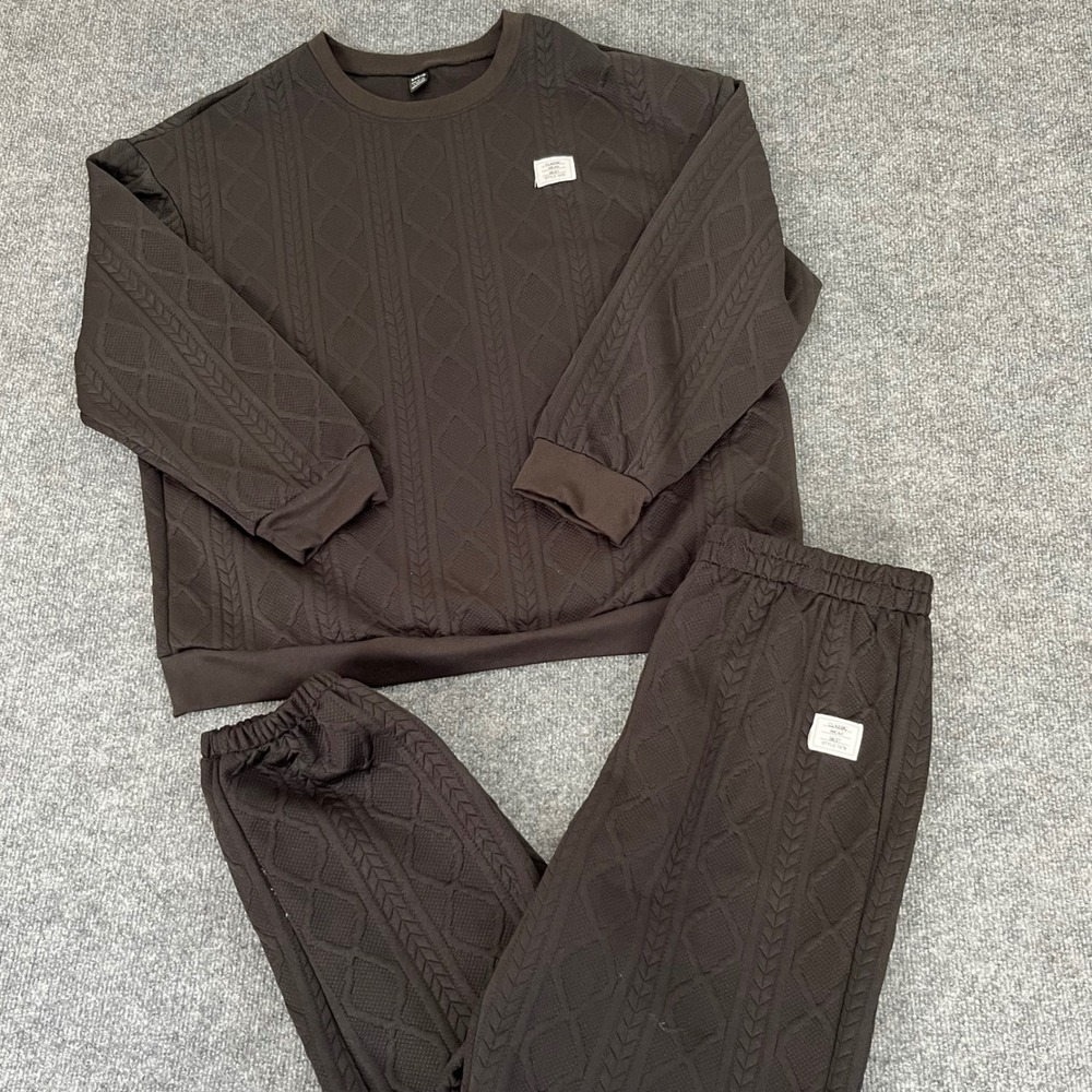 Shein Mens Brown Textured Cable Knit Sweatshirt and Joggers Lounge Set Size L